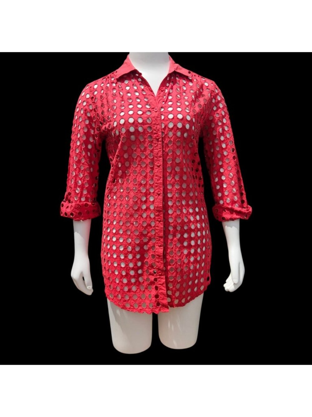 Adiva Red Eyelet Cutout Tunic Shirt Beach Coverup Roll Sleeve Size L